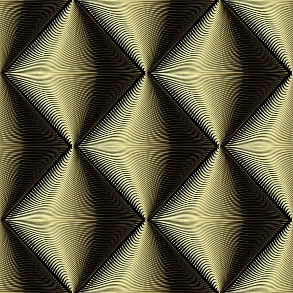 金3D 纹理矢量无缝图案 抽象几何曲面背景 条纹平铺菱形 波浪线 金色创意华丽设计的印刷品 现代壁纸 — 图库矢量图片