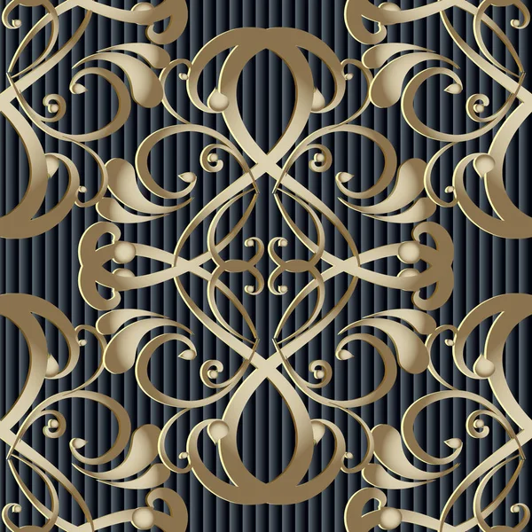 ビンテージ ベクトル バロック式 シームレス パターン ストライプの装飾用黒背景 織り目加工の背景 ライン アート幾何学模様手描き渦巻きダマスク織の飾り花と葉します 抽象的な装飾的なデザイン — ストックベクタ