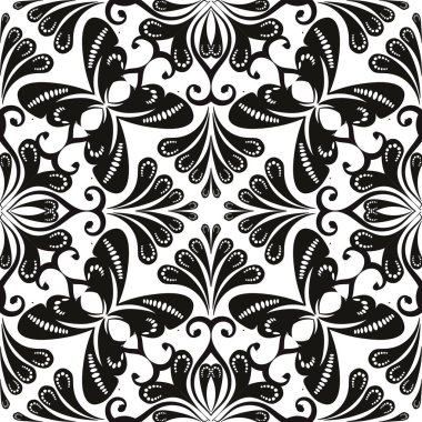 Siyah ve beyaz çiçek vektör seamless modeli Özet. Süs vintage tek renkli arka plan. El çekilmiş desenli çiçekler, yapraklar, kıvrımlar, kelebekler soyut. Tekstil için dekoratif tasarım.