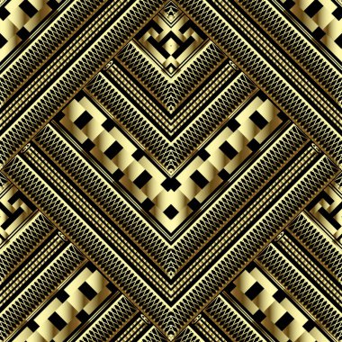 Lüks altın 3d geometrik vektör seamless modeli. Süslü kılavuz kafes arka plan. Kiremitli soyut Yunan anahtar menderes süsleme. Zikzak çizgiler, şekiller, kılavuz, zincirleri ile tasarım modern geometri dokulu.