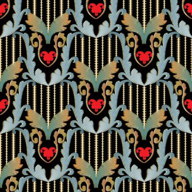 Çizgili nakış Barok 3d seamless modeli. Vintage vektör dokulu arka plan. Soyut grunge duvar kağıdı. İşlemeli Barok çiçekli çiçekli duvar halısı süsler, kaydırma bırakır, Altın çizgili