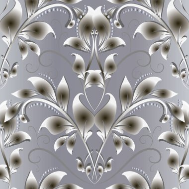 Vintage 3d çiçek Damask seamless modeli. Rönesans tarzı süs arka plan. Güzel yüzey çiçekler, yapraklar, swirls. Hat sanat oyma el çekilmiş süsleme. Modern dekoratif süslü tasarım.