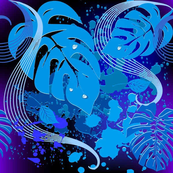 Moderne Abstrakte Palmblätter Vektor Nahtlose Muster Trendy Ornamental Blauen Farben — Stockvektor