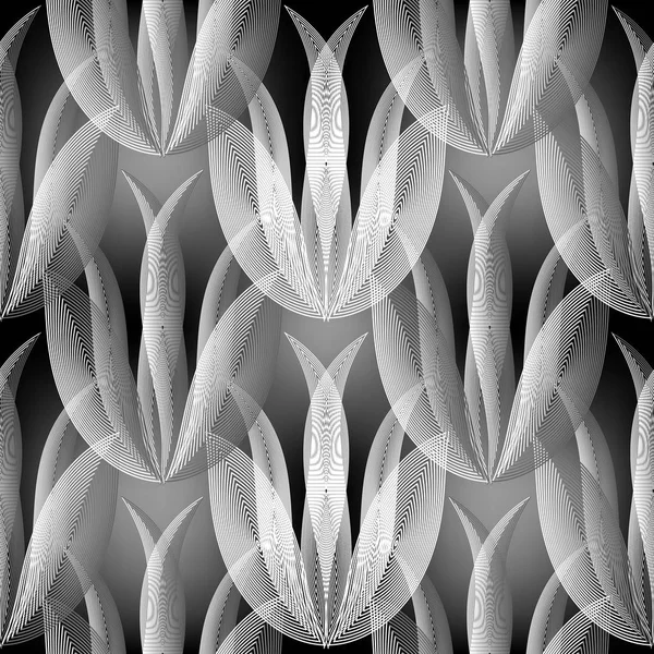 抽象现代观赏花卉矢量无缝图案 单色几何背景 创意网格花 线条艺术花纹手工绘制的老式装饰品 分形式径向网格形状 — 图库矢量图片
