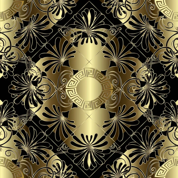 Oro Floral Negro Griego Vector Patrón Sin Costuras Fondo Geométrico — Archivo Imágenes Vectoriales