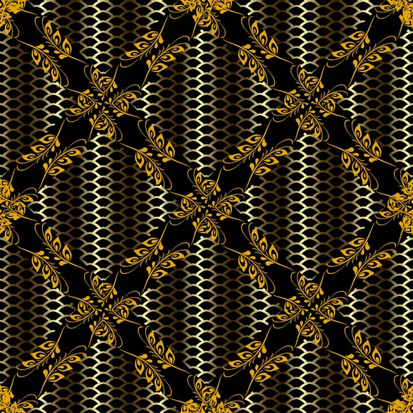 ゴールドの グリッドは シームレスなパターンをベクトルします 格子の抽象的なフローラル背景 ヴィンテージの花 まんじ フレーム 幾何学的図形 レース スタイルの飾り — ストックベクタ