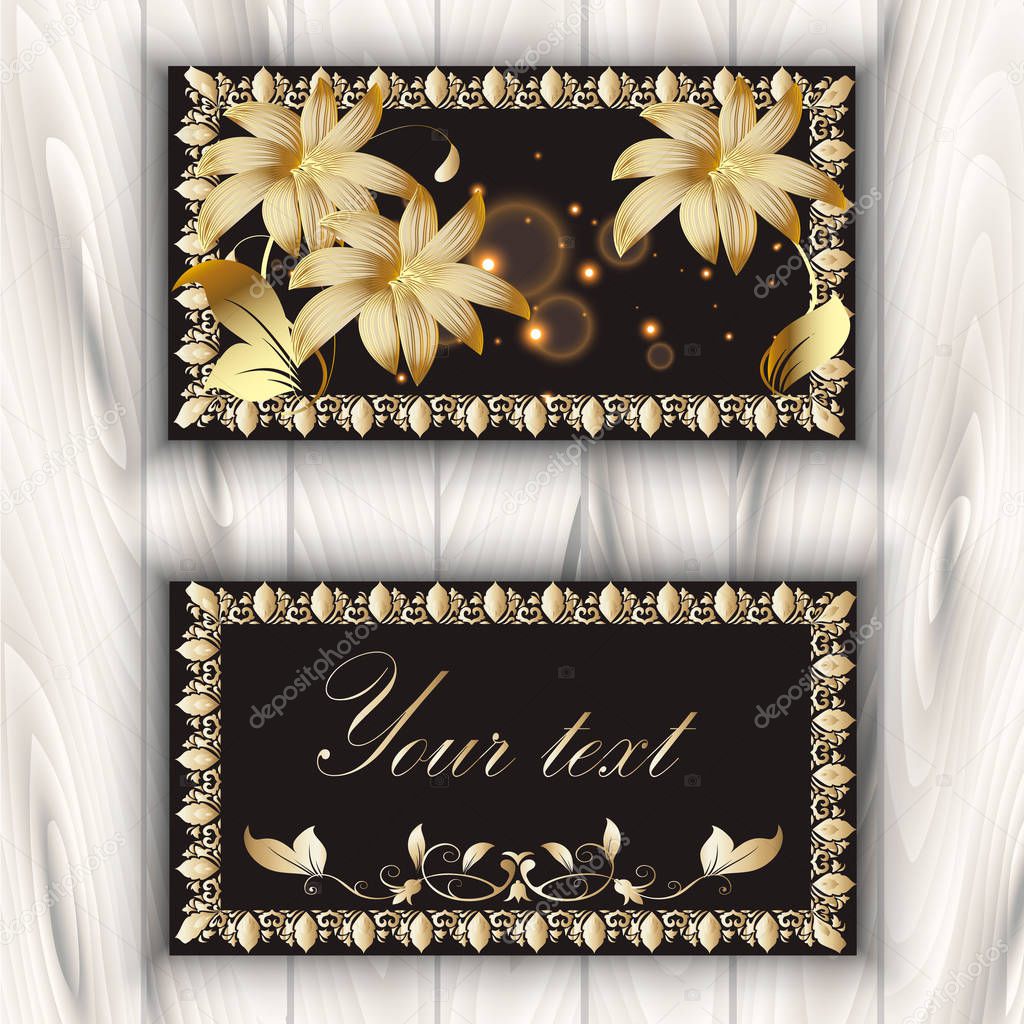 Greeting card with gold 3d flowers and vintage frames. Vector ornamental floral background. Beautiful modern design. Place for your text.
