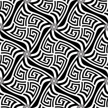 Siyah ve beyaz modern Yunan vektör seamless modeli. Dalgalı menderesler süsleme. Tek renkli arka plan. Yunan anahtar şekilleri, dalgalar, daireler, rhombus desenli süs geometrik tasarım