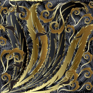 Vintage Altın Barok 3d vektör seamless modeli. Dokulu siyah süs arka plan. Barok Victoria tarzı çiçek antika yapraklı süs. Süslü doku. Lüks tasarım duvar kağıtları, kumaş için