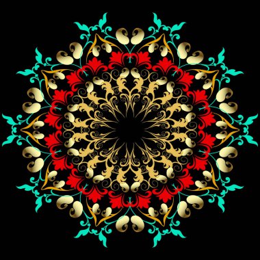 Elegance çiçek desenli mandala desen. Barok tarzı damasko arka plan. Altın desenli çiçekli Vintage Dantel süs bırakır. Güzel renkli dekoratif vektör tasarımı. Şemsiye.