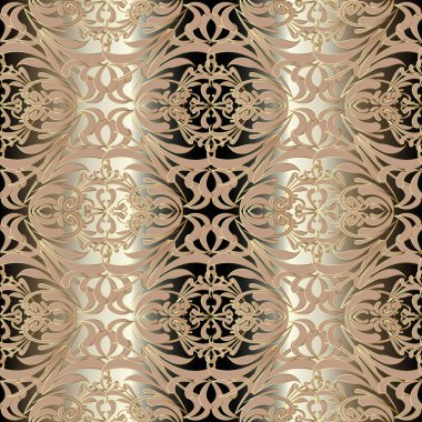Karmaşık vintage çiçek vektör seamless modeli. Dizili süs altın arka plan. Damasko süsleme desenli çiçekli, yaprakları. Duvar kağıtları, tekstil, kumaş, süslü dekoratif tasarım yazdırır.