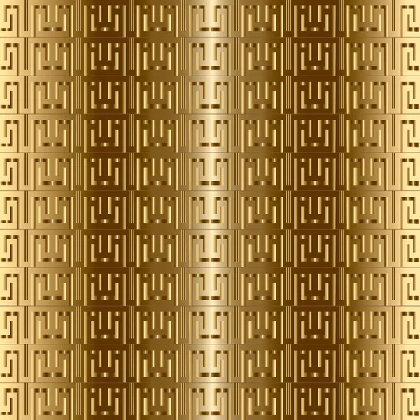 希腊键蜿蜒的金色3D 矢量无缝图案 质感观赏抽象金色背景 条纹表面蜿蜒的装饰品和边界 几何现代装饰设计 华丽的质感 — 图库矢量图片