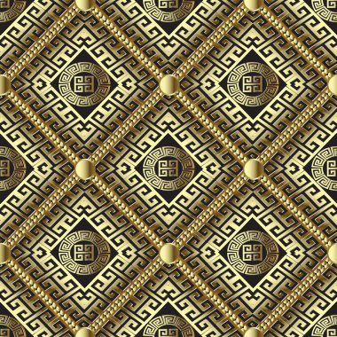 Yunan waffle 3d altın vektör seamless modeli. Kapitone süs geometrik arka plan. Süslü dekoratif geometrik tasarım. Yunan anahtar rhombus, daireler, kareler ile dokulu kılavuz süsleme kıvrımlı.