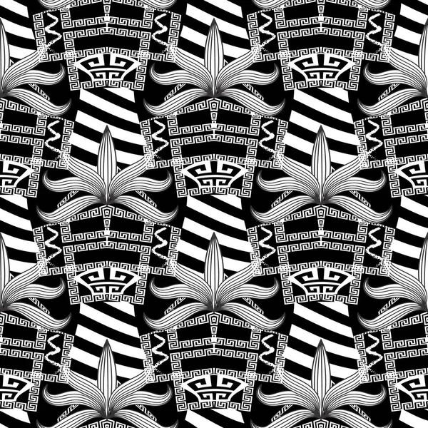 Полосатый Черно Белый Греческий Бесшовный Рисунок Векторный Абстрактный Декоративный Фон — стоковый вектор