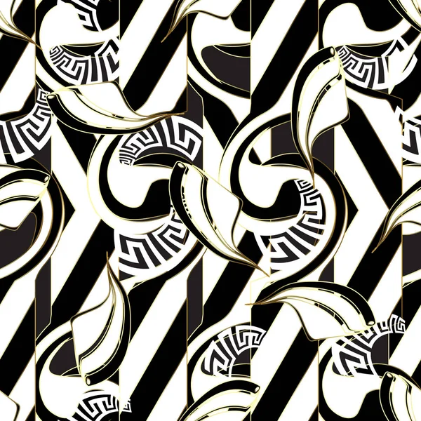 Striped Modern Black White Vector Seamless Pattern Greek Ornamental Abstract — Stock Vector