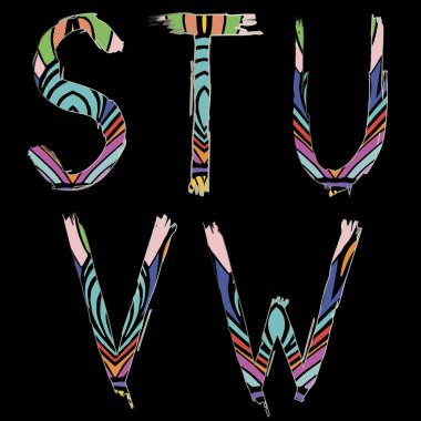 Yazı tipi Tipografi vektör çizim. ABC grunge doodle çizgili renkli harflerle çok renkli tasarlamak vektör alfabesi harfleri çizim W. S, T, U, V, ayarlayın. Modern tasarım. Dekoratif abc seti