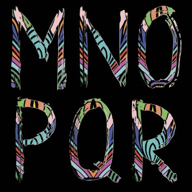 Yazı tipi Tipografi vektör çizim. ABC ayarla grunge doodle çizgili renkli harflerle M, N, O, P, Q, R. Multicolor soyut vektör alfabe harfler illüstrasyon. Modern tasarım. Dekoratif abc seti