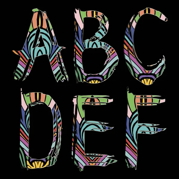 Yazı tipi Tipografi vektör çizim. Grunge doodle ile ayarla Abc çizgili renkli harfler a, b. c, d, e, f. çok renkli tasarlamak vektör alfabesi harfleri çizim. Modern tasarım. Dekoratif abc seti
