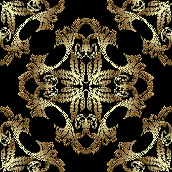 ゴールド刺繍バロック シームレス パターン ベクター装飾テクスチャ背景 タペストリー花ダマスク バロック様式のビクトリア朝様式の飾り 刺繍の装飾的なデザイン グランジ華やかな テクスチャ — ストックベクタ
