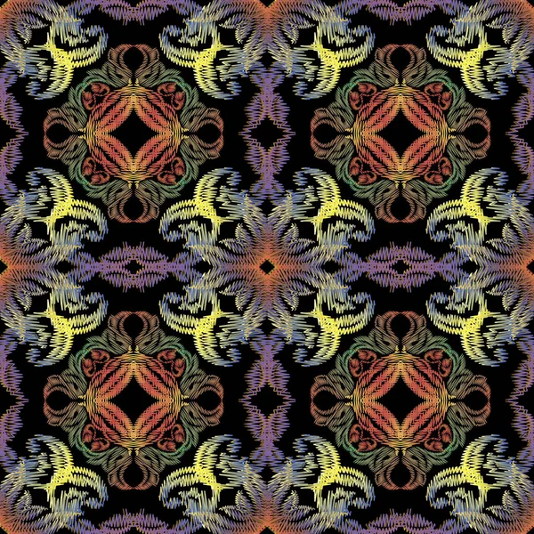 Цветная Вышивка Барокко Бесшовный Узор Векторный Декоративный Фон Цветочный Дамасский — стоковый вектор
