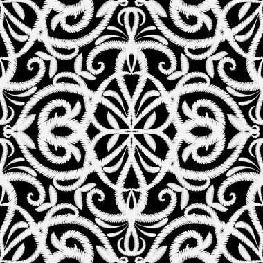 Nakış çiçek vektör seamless modeli. Etnik tarzı grunge Paisley çiçekler. Dekoratif Barok GOBLEN süsleme. İşlemeli çiçekler, yapraklar, kıvrımlar, satırları. Süslü siyah beyaz dokulu arka plan