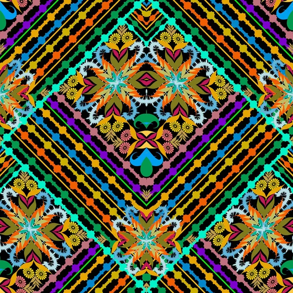 Farbenfrohe Gestreifte Florale Nahtlose Muster Vektor Ornamentalen Ethnischen Stammes Stil — Stockvektor