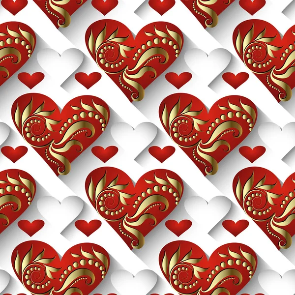 3d vintage love hearts vector seamless pattern. Ornamental elegance valentines day background. Gold hand drawn flowers, leaves, swirls, dots. Patterned love hearts. Decorative romantic ornate design