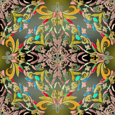 Barok renkli vektör seamless modeli. Süslü parlak süs çiçek arka plan. Vintage çok renkli zerafet çiçekler, kaydırma yaprakları. Damasko süsleme Barok Victoria tarzı içinde. Duvar kağıdı. Tekstil