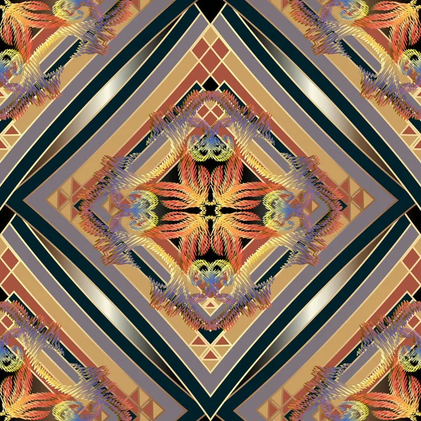 Геометрический Абстрактный Текстурированный Векторный Бесшовный Шаблон Винтажные Цветочные Вышитые Цветы — стоковый вектор