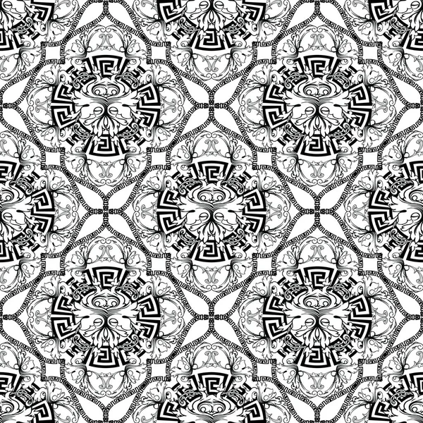 バロックのベクターのシームレスなパターン ギリシャのキー蛇行観賞の抽象的な背景 ビンテージ アラビアン スタイル幾何学的装飾 アンティーク ダマスク花 スクロール フレームを蛇行します 孤立したテクスチャ — ストックベクタ