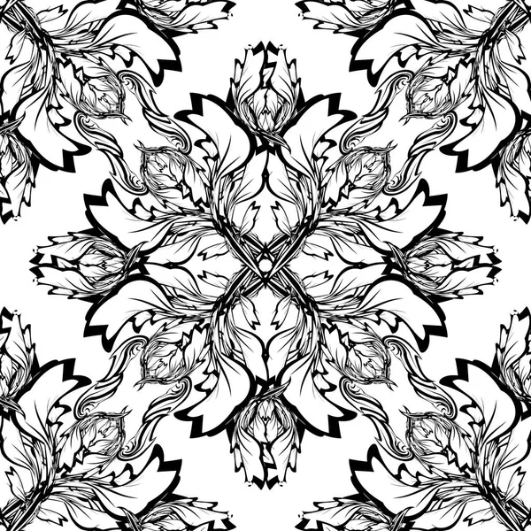 Baroque black and white vector seamless pattern. Damask monochrome ornamental background. Repeated floral backdrop. Vintage sketching flowers, leaves, skroll. Antique old style ornament. Ornate design