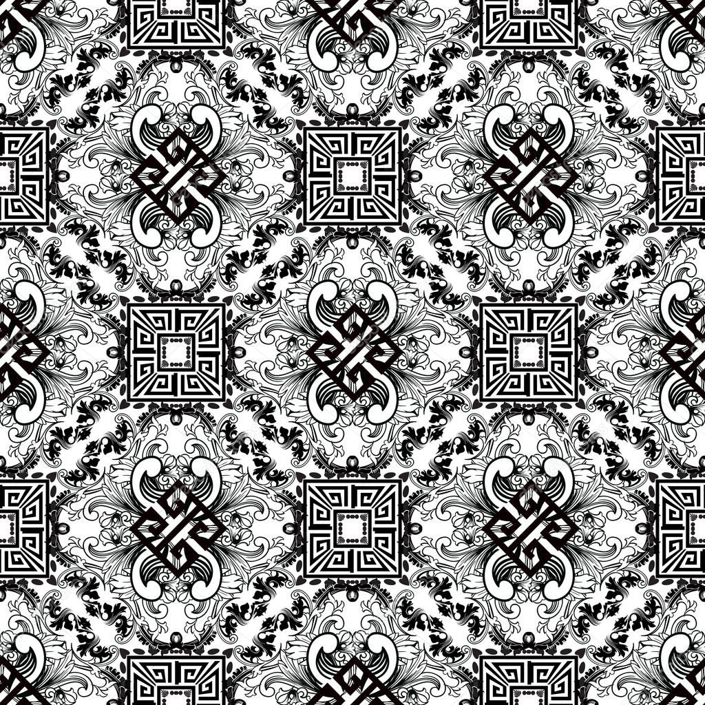 Baroque black and white modern seamless pattern. Geometric greek key meander ornamental background. Floral antique baroque ornament with ancient meanders design. Vintage frames. Ornate vector texture.