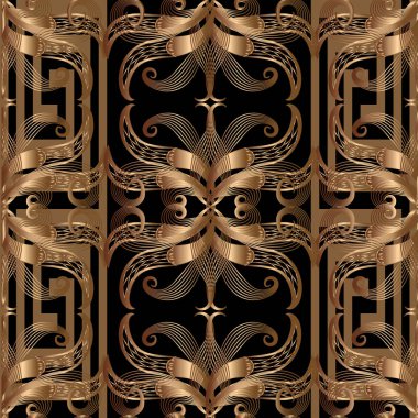 Bakır renkli süslü Yunan 3d vektör seamless modeli. Arka çiçekli süs plan. Geometrik tekrar zemin. Yunan anahtar menderes sınır süsleme. Modern dekoratif tasarım.