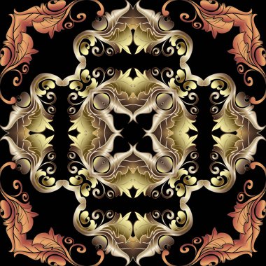 Süslü altın 3d Barok vektör seamless modeli. Lüks süs antika arka plan. Vintage tekrar zemin. Barooque Victorian tarzı çiçek yapraklı eski süsleme kaydırma ile yaprak, çiçek, paisleys