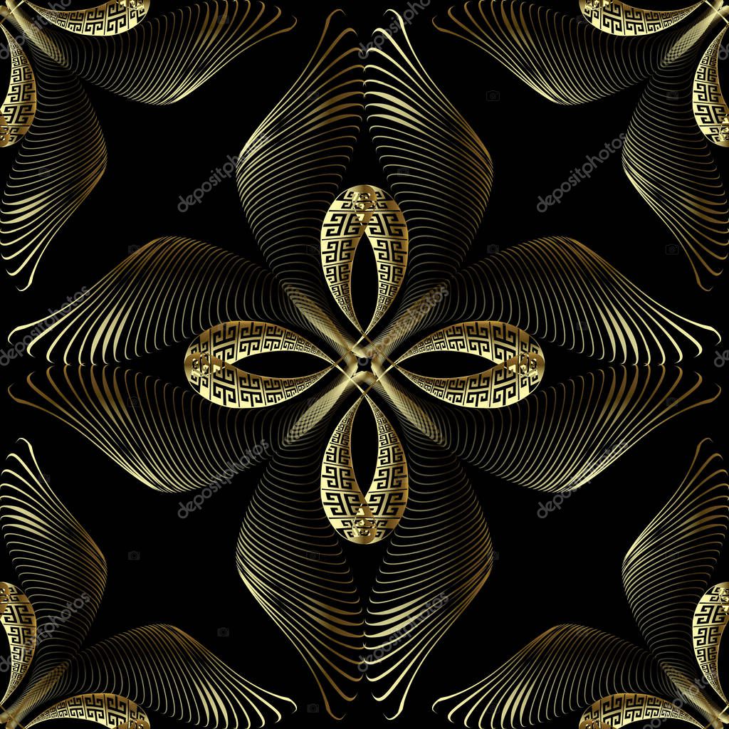Meanders greek 3d vector seamless pattern. Floral greek key ornamental background. Abstract repeat Paisley  flowers ornament. Geometric line striped fractal shapes. Surface texture. Ornate design