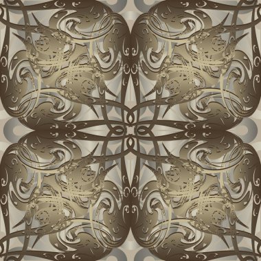 Vintage Altın 3d vektör seamless modeli. Barok Şam süs arka plan. Arapça tarzı çiçek süsleme el çekilmiş. Fantazi arabesk çiçekler, yapraklar, swirls. Süslü desenli yüzey dokusu.