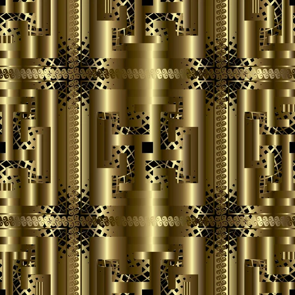 方格金3D 希腊键蜿蜒矢量无缝模式 网格装饰抽象背景 晶格几何重复背景 华丽格子几何装饰 — 图库矢量图片