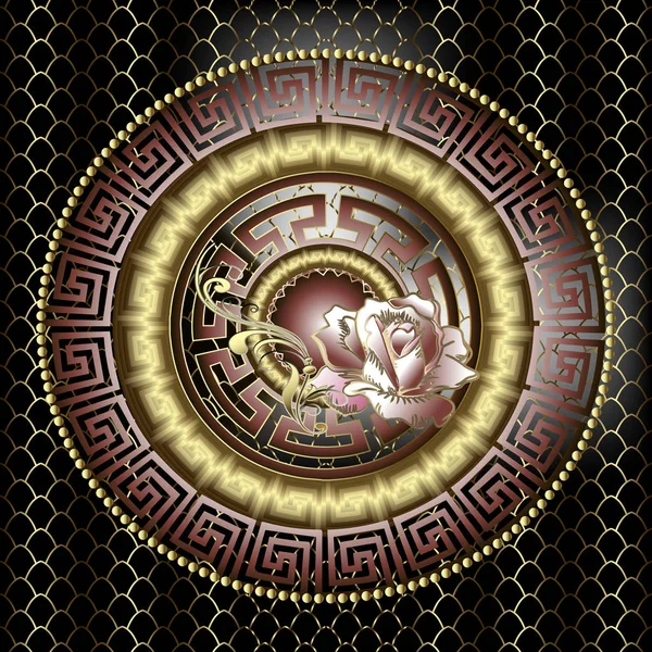 Modern 3d çiçek Yunan vektör sorunsuz mandala desen. Grig dokulu arka plan. Geometrik kafes tekrar zemin. Gül çiçek ile Barok tasarım. Yuvarlak Yunan anahtar altın süs kıvrımlı