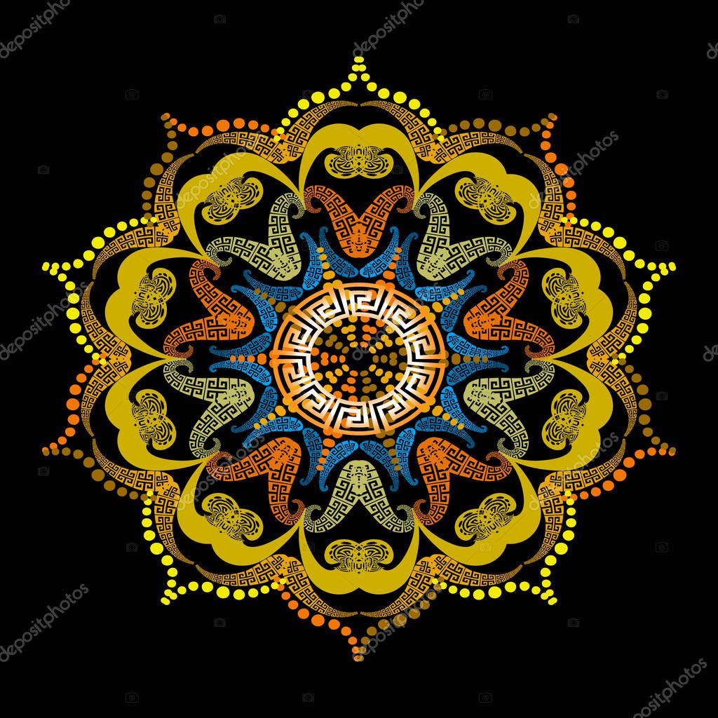 Colorful floral greek mandala pattern. Lace ornamental Paisley background. Round decorative greek key meanders ornament with ethnic motif. Elegance paisley flowers, dots, lines, flowers, leaves.