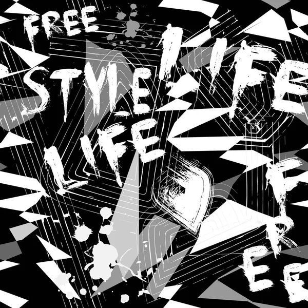 Grunge geometrik vektör siyah ve beyaz soyut seamless modeli. ABC duvar kağıdı. Kentsel desenli kirli arka plan. Metin çizim. Tek renkli modern dizayn yinelenen dokulu. Eski harfler, noktalar,  