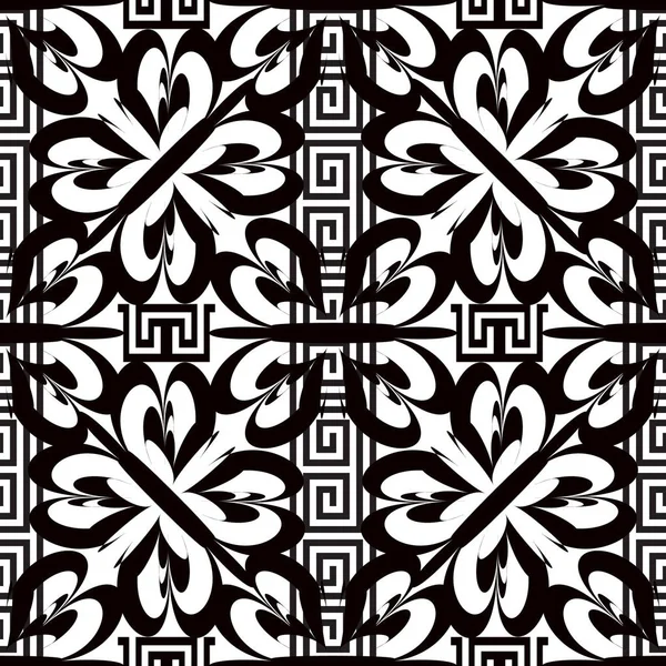 Greek Floral Striped Black White Vector Seamless Pattern Ornamental Abstract — Stock Vector