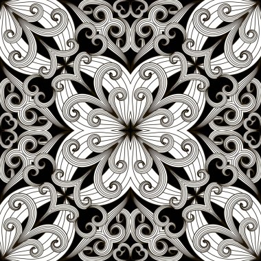 Siyah ve beyaz çiçek zerafeti vektör seamless modeli. Tek renkli süs sıkıntılı arka plan. Dekoratif desenli zemin yineleyin. Boyama kitabı. Girdap etnik tarzı Paisley çiçek soyut