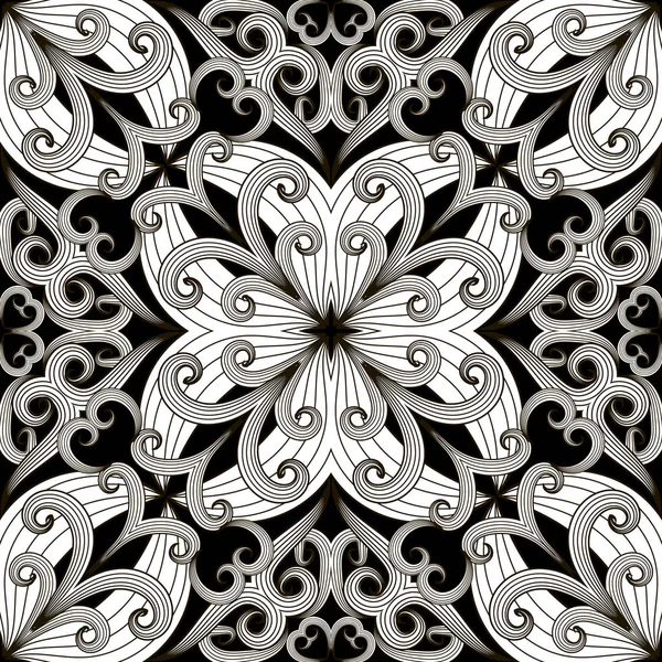 黒と白の花の優雅さは シームレスなパターンをベクトルします モノクロ観賞苦しめられた背景 装飾的なパターンの背景を繰り返します 塗り絵 渦巻きエスニック風ペイズリー花を抽象化します — ストックベクタ