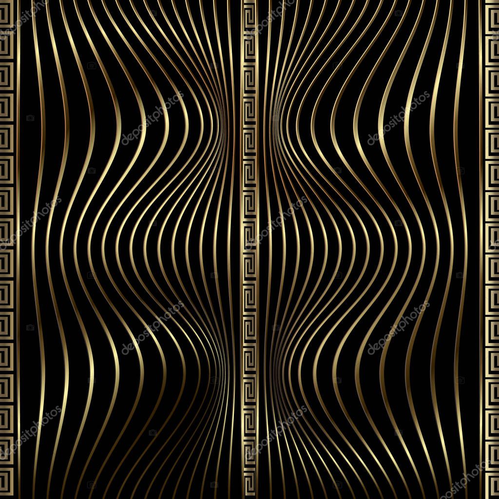 Modern 3d waves greek vector seamless pattern. Gold and black textured ornamental wavy lines background. Geometric surface repeat backdrop. Ornate elegance borders design. Greek key meanders ornament.