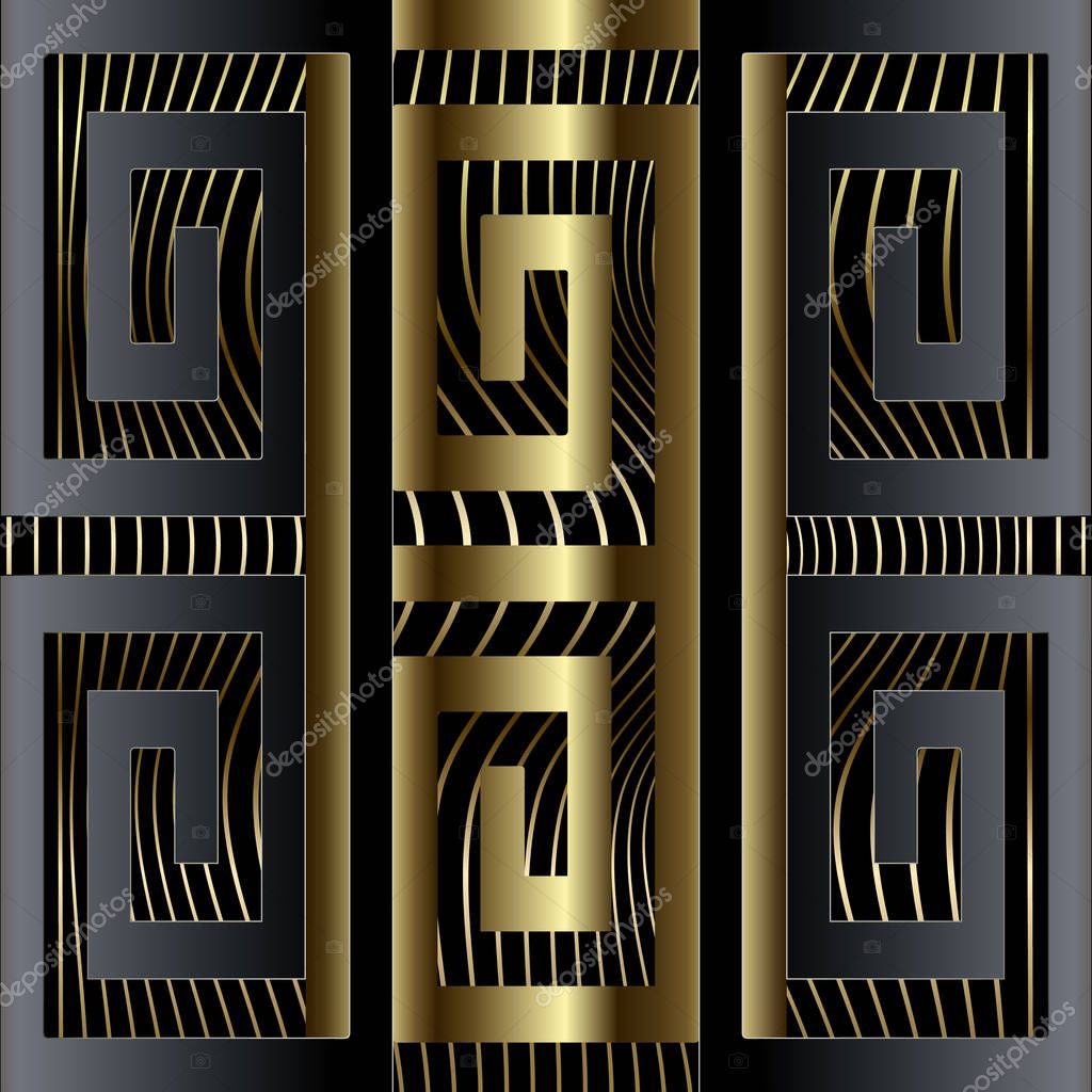 Abstract luxury 3d greek key meander border seamless pattern. Vector ornamental geometric waves background. Wavy lines repeat elegance backdrop. Geometric ornament. Ornate design. Surface texture.