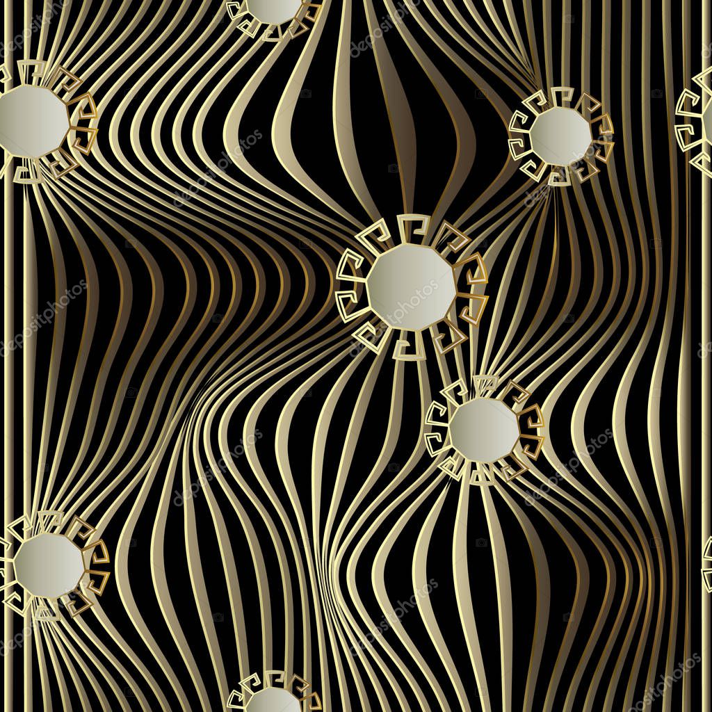 Wave lines gold 3d vector seamless patern. Optical illusion effect. Striped ornamental greek key background. Meanders geometric repeat backdrop. Textured abstract ornate modern design. Surface texture