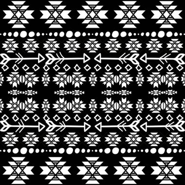 Kabile apache vektör sorunsuz sınır desen. Siyah ve beyaz süs etnik arka plan. Kabile süsleme doodle elle çizilmiş okları, daireler, rhombus, şekiller, ile komşudur. Dekoratif Aztek tasarım