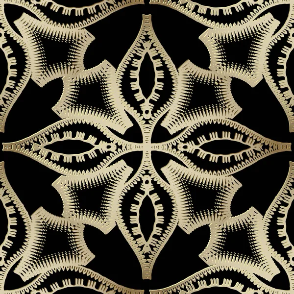 華やかなエスニック スタイル黄金ベクトル シームレス パターン 装飾用の幾何学的な背景 抽象の繰り返しパターンの背景 ハーフトーン 図形の波のラインで装飾的な花飾り ステッチ効果 — ストックベクタ