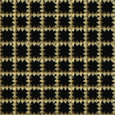 Altın ve siyah grunge 3d vektör seamless modeli damalı. Nakış süslü onay arka plan. Ekose sonsuz tartan zemin yineleyin. Yüzey dokusu. Trendy çizgili dokulu duvar süsleme. 