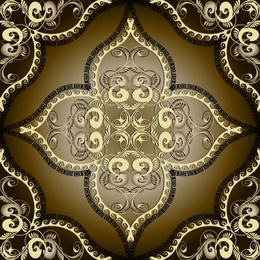 Yunan vintage altın 3d çiçek vektör seamless modeli. Süs arabesk süslü arka plan. Desenli modern bir ortam yineleyin. Elegance Yunan anahtar süsleme kıvrımlı. Altın çiçekler, yapraklar, çerçeveler